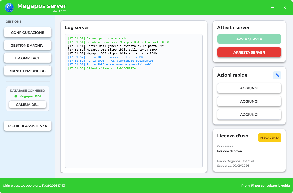 Megapos Server con log, database connesso e stato licenza